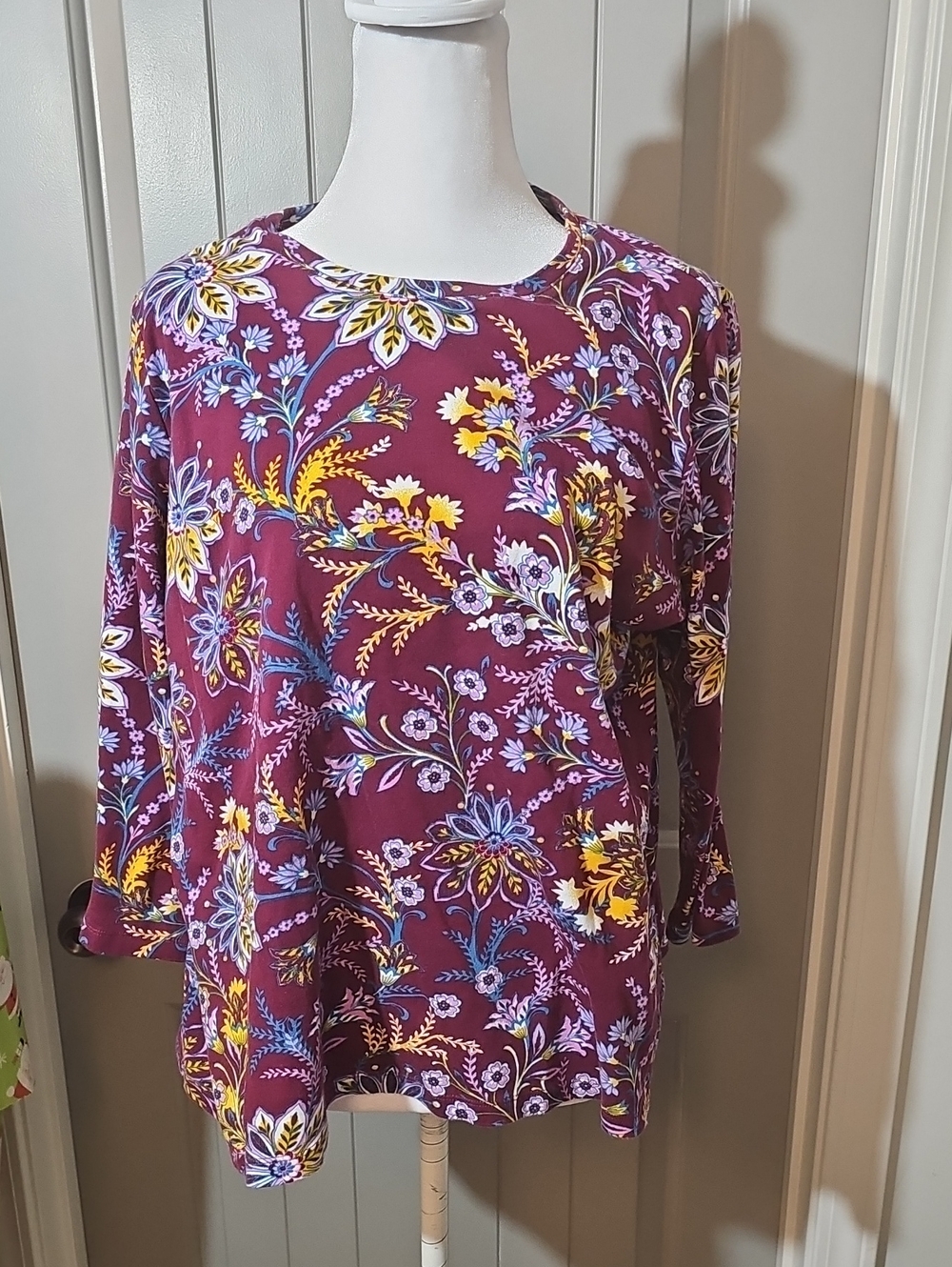 Kim Rogers Plum Floral Long Sleeve Tee with Yellow & Blue Blooms